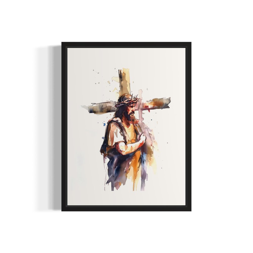 Jesus Carrying the Cross Art Print Poster, Religious Faith Spiritual Wall Art Painting Worship Prayer Artwork Posters for Bedroom Living Room Decorations (Jesus Carrying the Cross, 16x20 inches + (Black Frame))