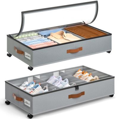 Yecaye Under Bed Storage with Wheels, 2 Pack Under Bed Storage Containers with Adjustable Dividers & Clear Window, Rolling Underbed Organizer Bins Drawers for Clothes, Shoes, Blankets, Grey