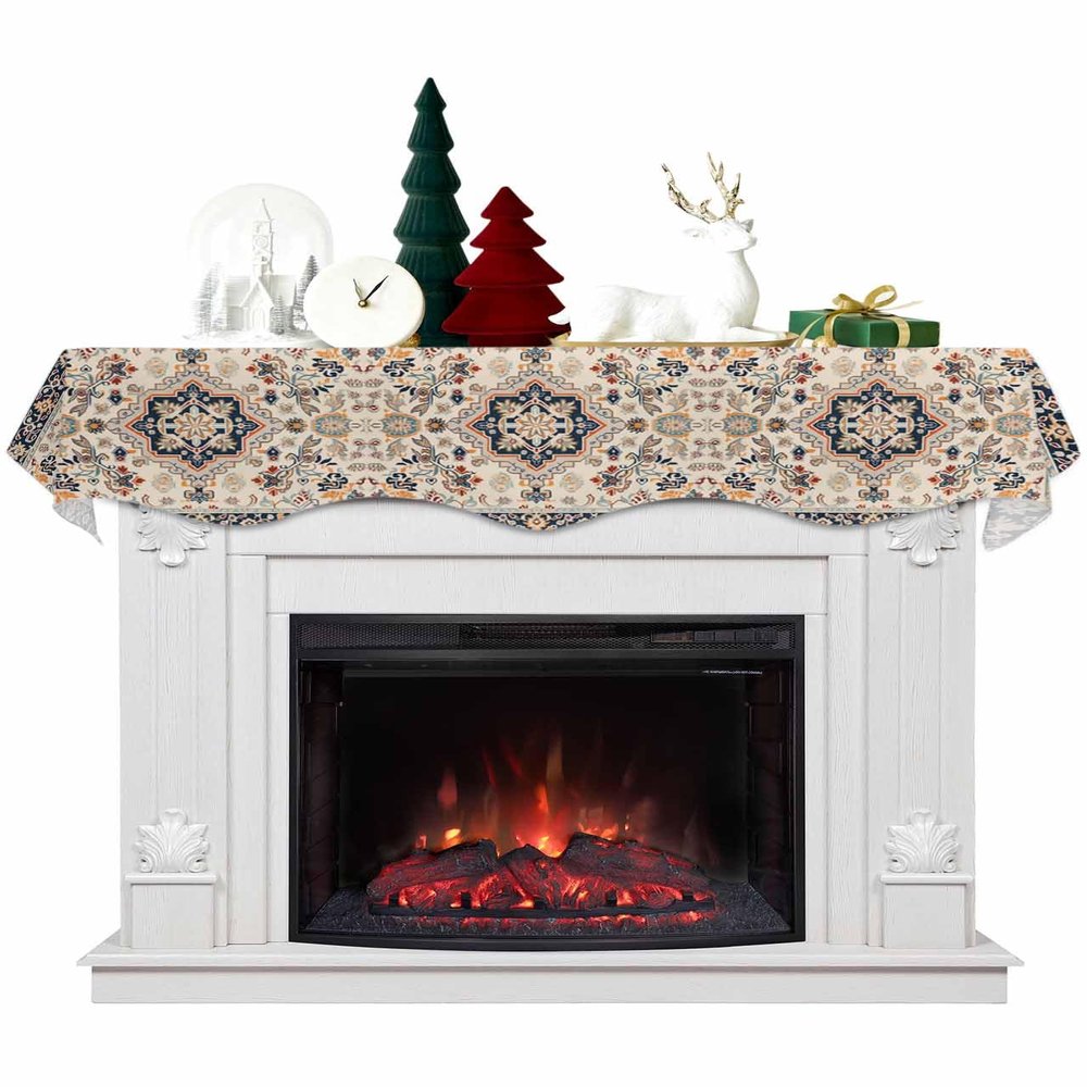 Southwest Floral Fireplace Mantel Scarf Cover, Traditional Oriental Boho Mandala Tribal Mantel Shelf Top Scarf Runner for Christmas Halloween Thanksgiving Fall Indoor Decorations 60" L x 17" W
