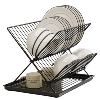 Dish Drying Rack For Kitchen Counter, 2-Tier Dish Drainer Kitchen Plate Rack with Drainboard X-Shaped Collapsible Dish Drainer Space-Saving Storage for Kitchen Sink, Countertop, Cutlery, Plates(Black)