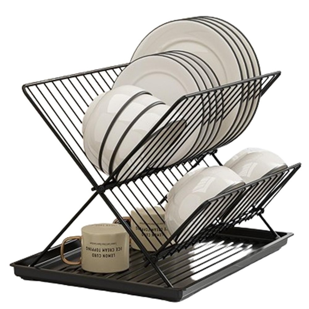 Dish Drying Rack For Kitchen Counter, 2-Tier Dish Drainer Kitchen Plate Rack with Drainboard X-Shaped Collapsible Dish Drainer Space-Saving Storage for Kitchen Sink, Countertop, Cutlery, Plates(Black)