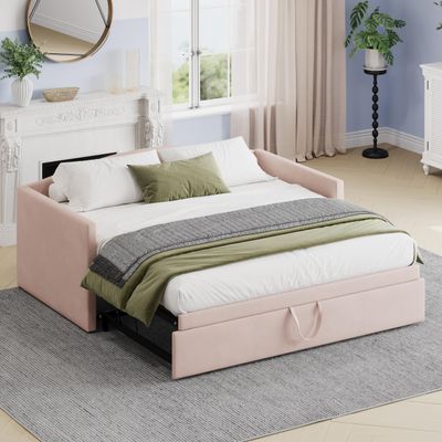 Merax Twin Size Velvet Daybed with Extended Pop Up Trundle, Upholstered Sofa Bed Daybed, Space-Saving Twin to King Design for Guest Room, Mattress not Included, Pink