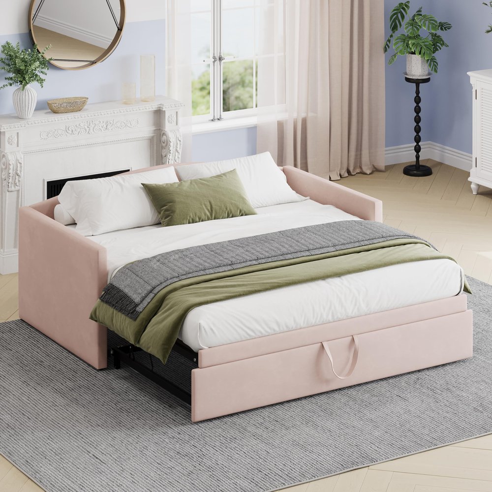 Merax Twin Size Velvet Daybed with Extended Pop Up Trundle, Upholstered Sofa Bed Daybed, Space-Saving Twin to King Design for Guest Room, Mattress not Included, Pink