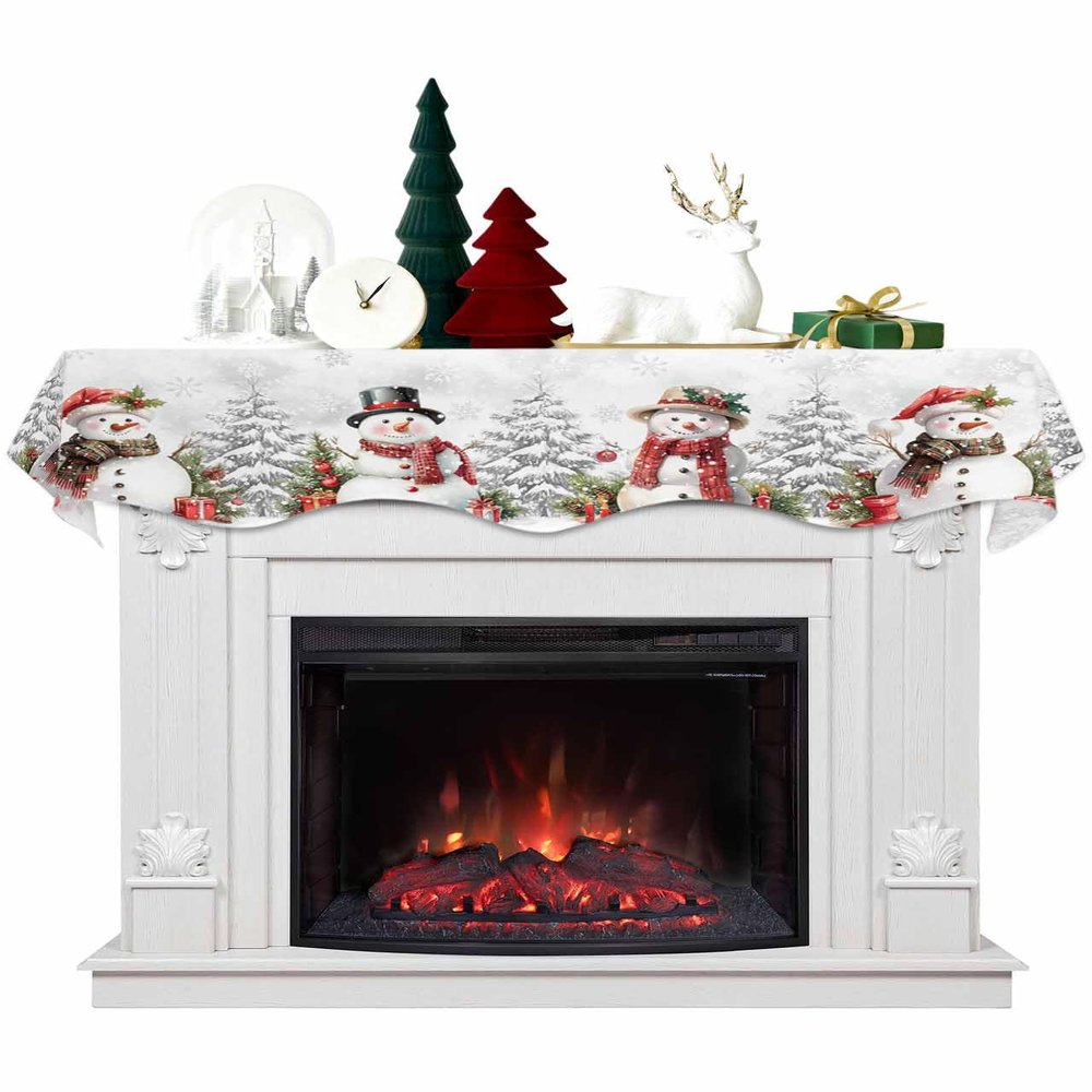 Christmas Fireplace Mantel Scarf Cover, Christmas Snowman Winter Snowflakes White Mantel Shelf Top Scarf Runner for Christmas Halloween Thanksgiving Fall Indoor Decorations 90" L x 17" W
