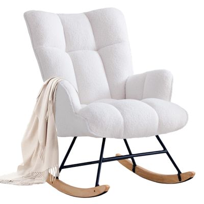 Zedachica Rocking Chair Nursery Teddy Upholstered Glider Rocker Rocking Accent Chair Padded Seat with High Backrest Armchair Comfy Side Chair for Living Room Bedroom Offices (White Teddy)