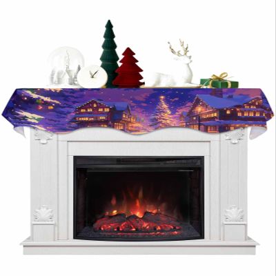 Christmas Fireplace Mantel Scarf Cover, Cartoon Tree Street Night Light Winter Forest Mantel Shelf Top Scarf Runner for Christmas Halloween Thanksgiving Fall Indoor Decorations 90" L x 17" W