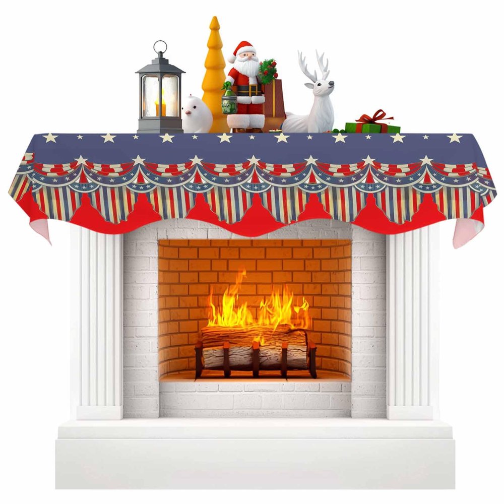 Falaniique 4th of July Fireplace Mantel Scarf Cover, Geometric Red Blue Star Stripes Flag Mantel Shelf Top Scarf Runner for Christmas Halloween Thanksgiving Fall Indoor Decorations 60" L x 17" W