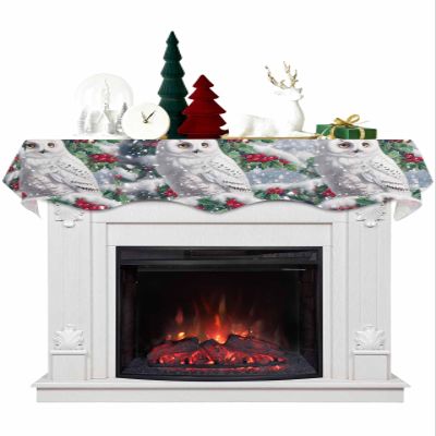Christmas Fireplace Mantel Scarf Cover, Winter Snow Scenery Owls Berry Pine Needles Mantel Shelf Top Scarf Runner for Christmas Halloween Thanksgiving Fall Indoor Decorations 90" L x 17" W