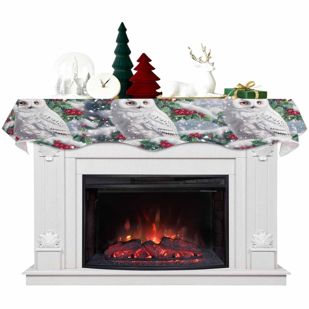 Christmas Fireplace Mantel Scarf Cover, Winter Snow Scenery Owls Berry Pine Needles Mantel Shelf Top Scarf Runner for Christmas Halloween Thanksgiving Fall Indoor Decorations 90" L x 17" W