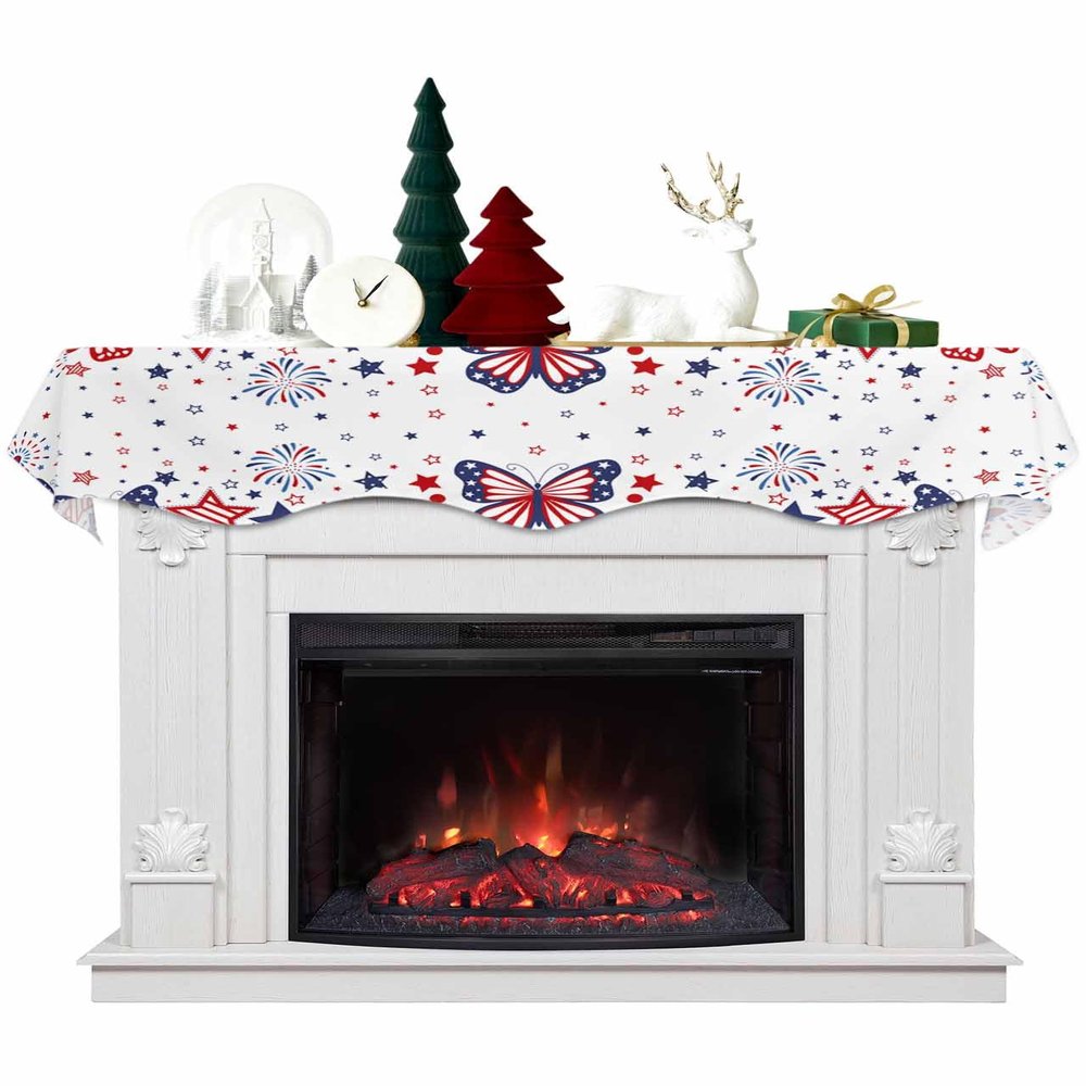 American Flag Fireplace Mantel Scarf Cover, Patriotic Firework Stars Freedom 4th of July Mantel Shelf Top Scarf Runner for Christmas Halloween Thanksgiving Fall Indoor Decorations 70" L x 17" W