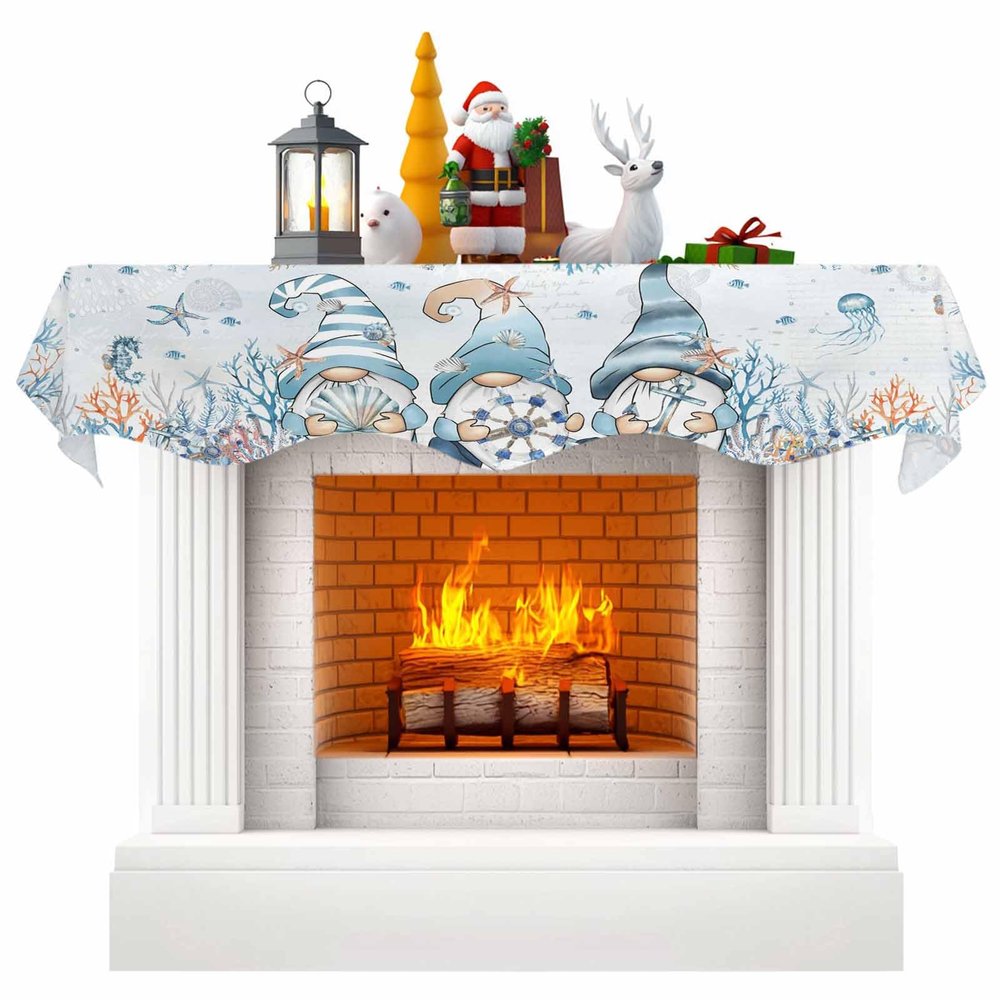 Nautical Gnomes Fireplace Mantel Scarf Cover, Coastal Blue Turtle Jellyfish Sea Starfish Mantel Shelf Top Scarf Runner for Christmas Halloween Thanksgiving Fall Indoor Decorations 90"L x 17"W