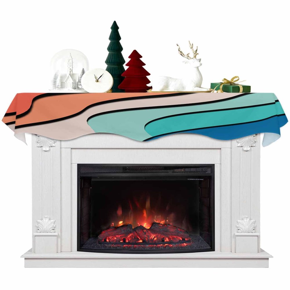 Geometric Fireplace Mantel Scarf Cover, Red Orange Teal Blue Tan Minimalist Stripes Mantel Shelf Top Scarf Runner for Christmas Halloween Thanksgiving Fall Indoor Decorations 60" L x 17" W