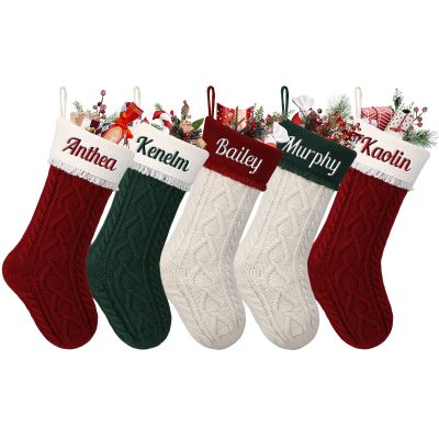 Personalized Christmas Stockings Set of 5 Custom Name Family Christmas Stockings 18 Large Knit Knitted Xmas Stocking for Kids, Rustic Farmhouse Fireplace Hanging Ornament Holiday Xmas Decoration