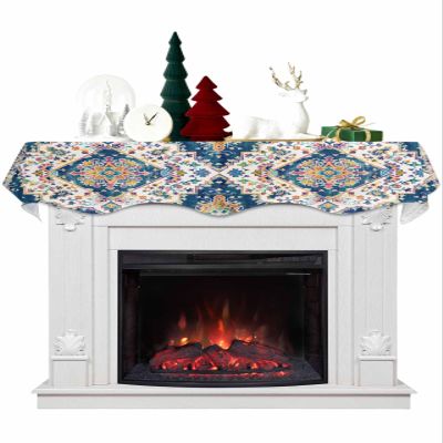 Navy Blue Boho Fireplace Mantel Scarf Cover, Orange Ethnic Tribal Bohemian Mandala Floral Mantel Shelf Top Scarf Runner for Christmas Halloween Thanksgiving Fall Indoor Decorations 60" L x 17" W