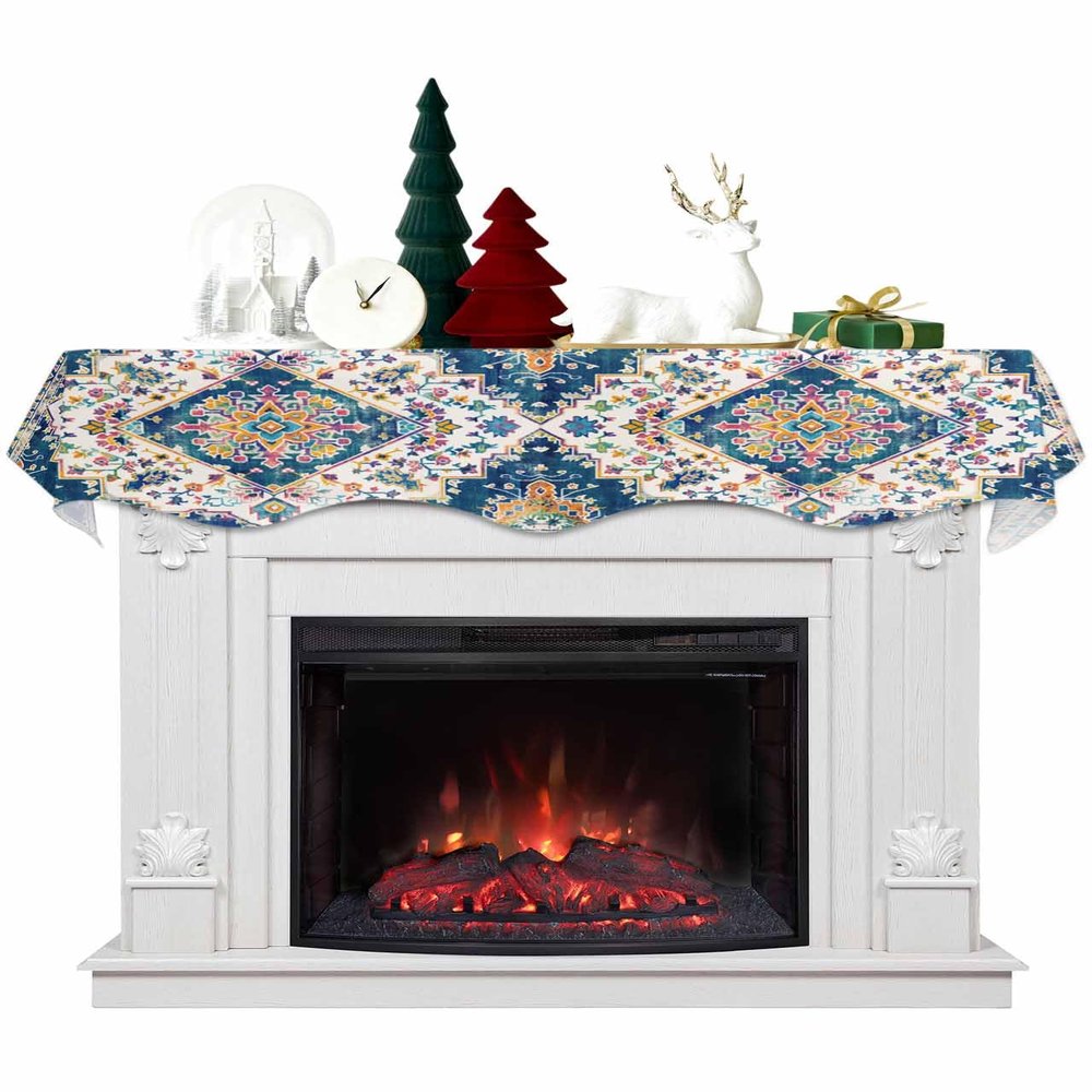 Navy Blue Boho Fireplace Mantel Scarf Cover, Orange Ethnic Tribal Bohemian Mandala Floral Mantel Shelf Top Scarf Runner for Christmas Halloween Thanksgiving Fall Indoor Decorations 60" L x 17" W