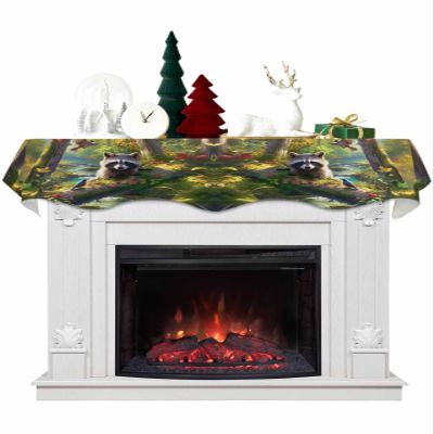 Forest Raccoon Fireplace Mantel Scarf Cover, Animal Bird Mountains Tree Natural Landscape Mantel Shelf Top Scarf Runner for Christmas Halloween Thanksgiving Fall Indoor Decorations 70" L x 17" W