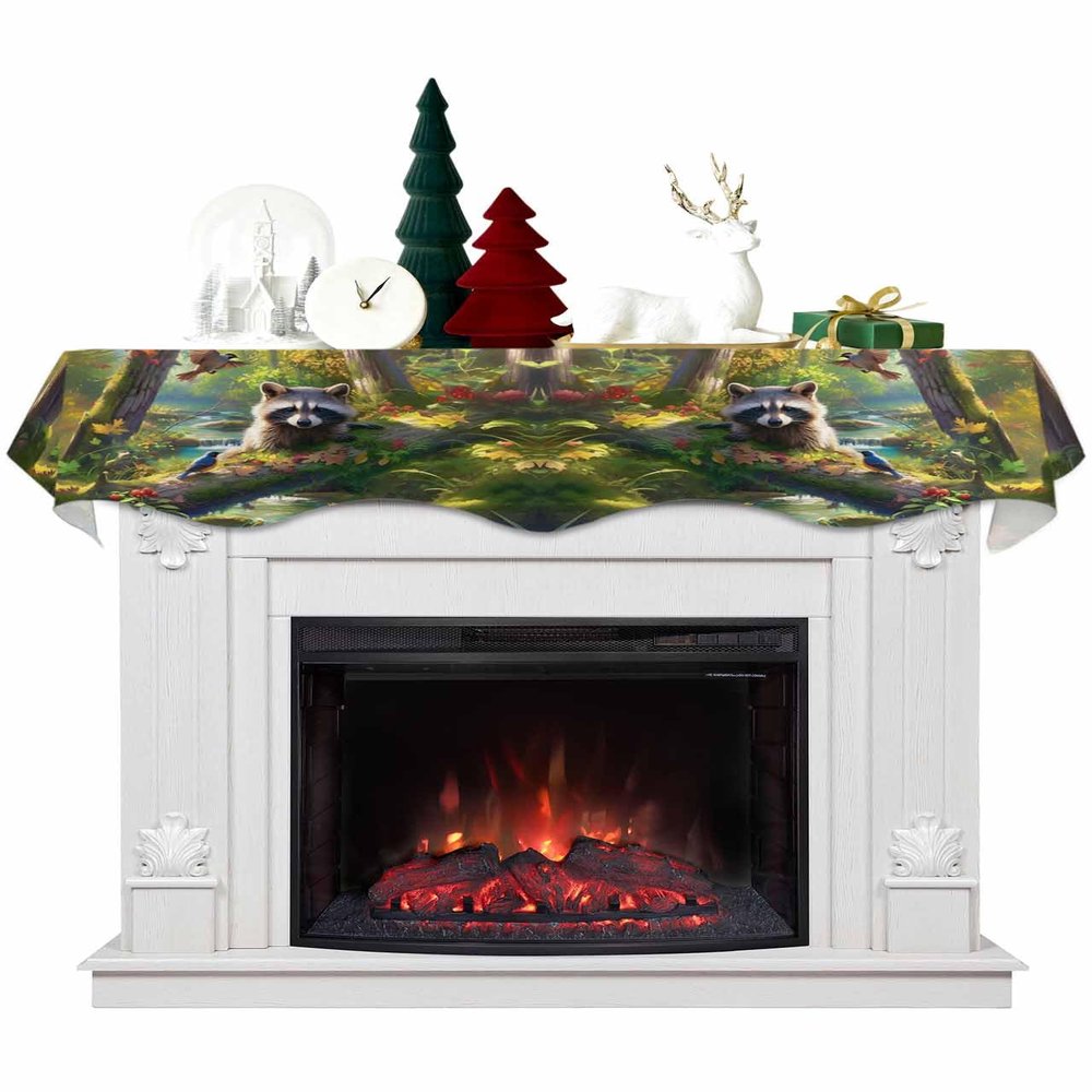 Forest Raccoon Fireplace Mantel Scarf Cover, Animal Bird Mountains Tree Natural Landscape Mantel Shelf Top Scarf Runner for Christmas Halloween Thanksgiving Fall Indoor Decorations 70" L x 17" W