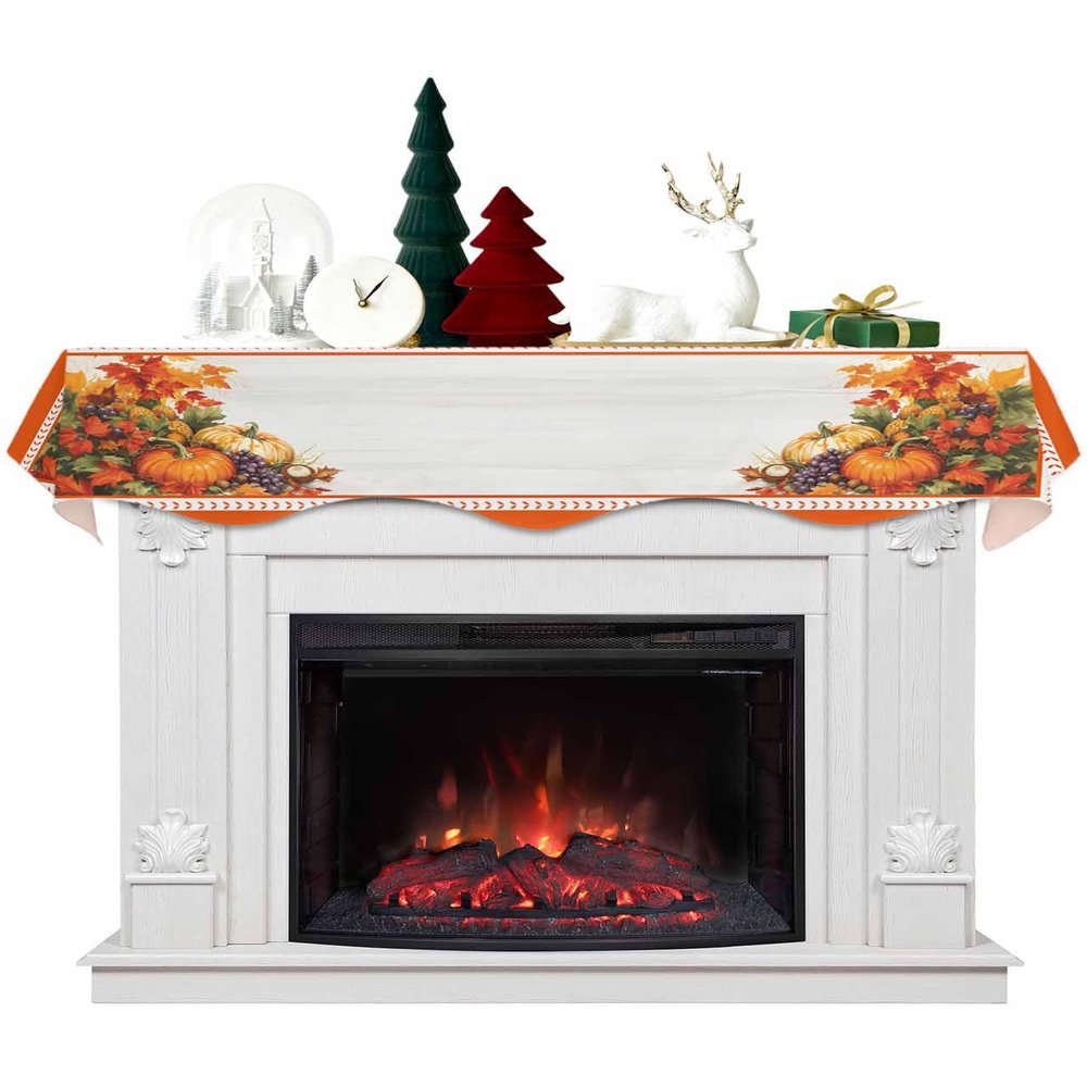 Fall Thanksgiving Orange Pumpkin Fireplace Mantel Scarf Cover, Autumn Grape Corn Maple Leaf Mantel Shelf Top Scarf Runner for Christmas Halloween Thanksgiving Fall Indoor Decorations 70" L x 17" W