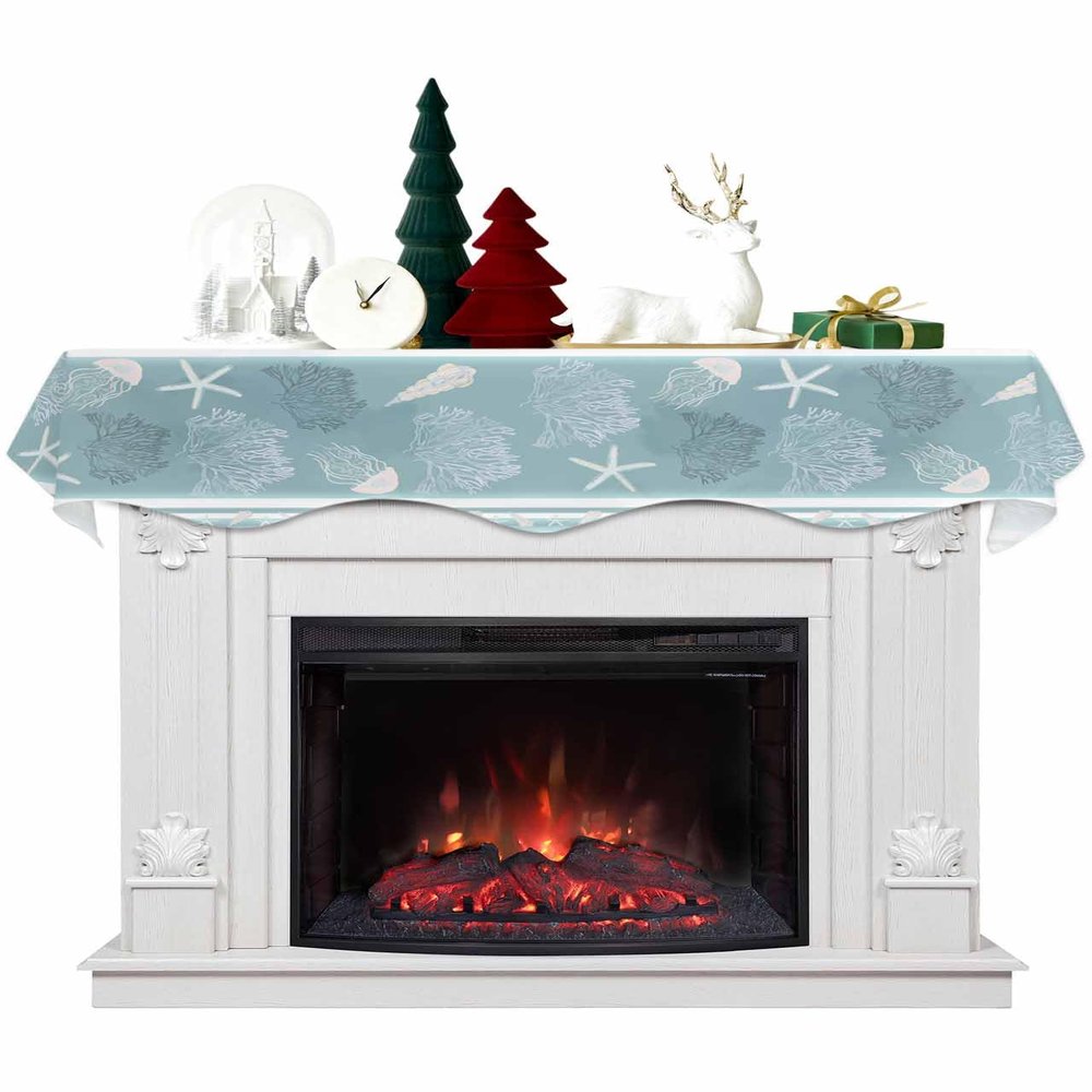 Coastal Blue Coral Fireplace Mantel Scarf Cover, Ocean Starfish Conch Sea Jellyfish Stripes Mantel Shelf Top Scarf Runner for Christmas Halloween Thanksgiving Fall Indoor Decorations 60" L x 17" W