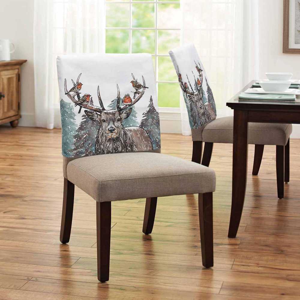 4 Packs Christmas Dining Chair Back Cover,Forest Winter Snowy Deer Scene Bird Xmas Tree Decorative Kitchen Dinner Chair Seat Covers Washable Chair Slip Covers,Removable Slipcovers for Dinning Room