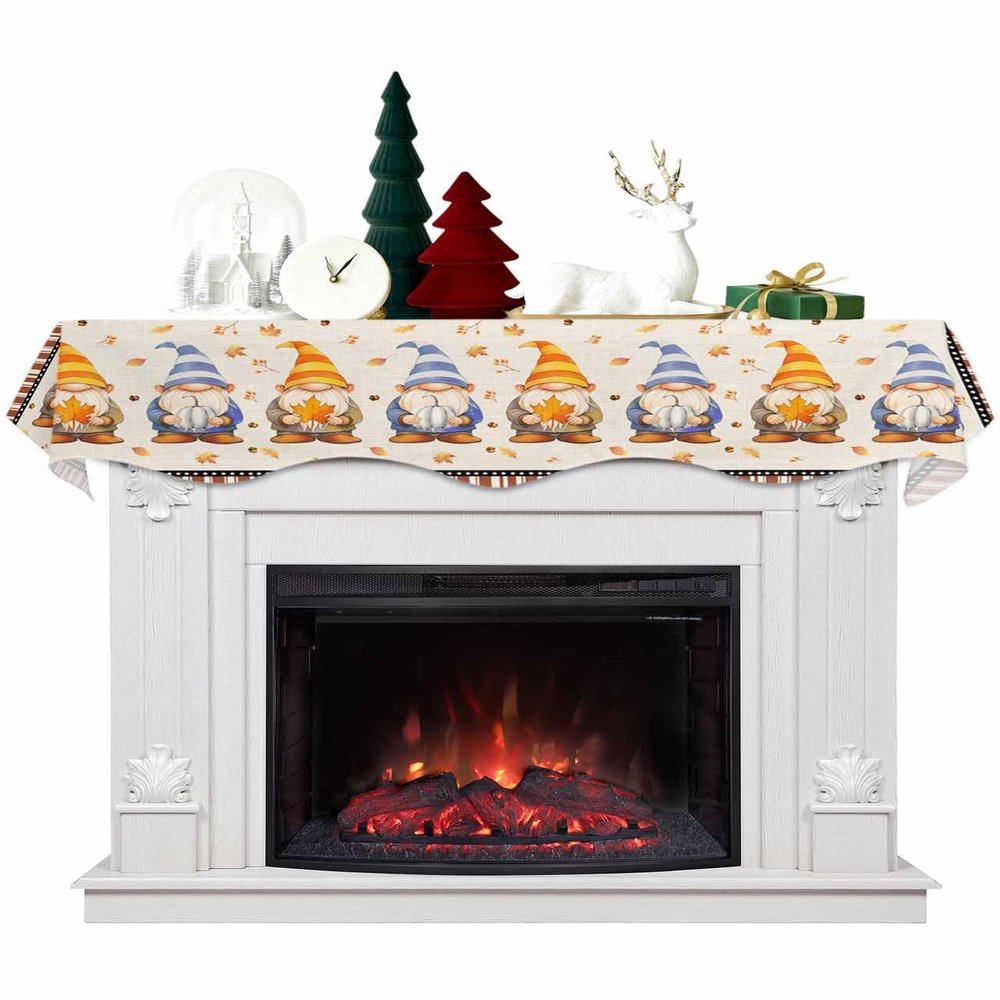 Thanksgiving Gnomes Fireplace Mantel Scarf Cover, Pumpkin Maple Leaves Brown Stripes Mantel Shelf Top Scarf Runner for Christmas Halloween Thanksgiving Fall Indoor Decorations 70" L x 17" W