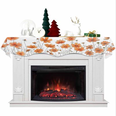 Orange Floral Fireplace Mantel Scarf Cover, Watercolor Floral Flower Modern White Mantel Shelf Top Scarf Runner for Christmas Halloween Thanksgiving Fall Indoor Decorations 70" L x 17" W