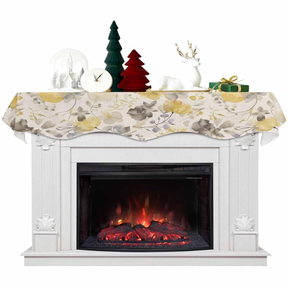 Yellow Flower Fireplace Mantel Scarf Cover, Farmhouse Floral Plants Grey Botanical Mantel Shelf Top Scarf Runner for Christmas Halloween Thanksgiving Fall Indoor Decorations 70" L x 17" W