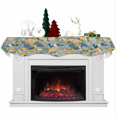 Golden Marble Fireplace Mantel Scarf Cover, Geometric Navy Blue Abstract Aesthetics Art Mantel Shelf Top Scarf Runner for Christmas Halloween Thanksgiving Fall Indoor Decorations 60" L x 17" W