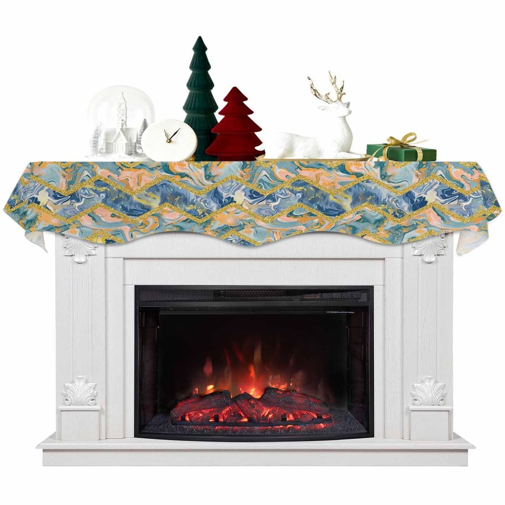 Golden Marble Fireplace Mantel Scarf Cover, Geometric Navy Blue Abstract Aesthetics Art Mantel Shelf Top Scarf Runner for Christmas Halloween Thanksgiving Fall Indoor Decorations 60" L x 17" W