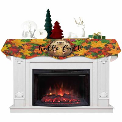 Hello Fall Fireplace Mantel Scarf Cover, Red Orange Thanksgiving Maple Leaf Animal Mantel Shelf Top Scarf Runner for Christmas Halloween Thanksgiving Fall Indoor Decorations 70" L x 17" W