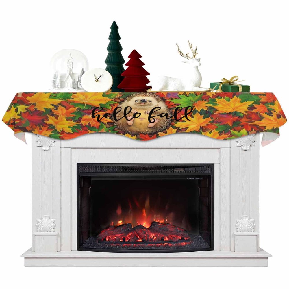 Hello Fall Fireplace Mantel Scarf Cover, Red Orange Thanksgiving Maple Leaf Animal Mantel Shelf Top Scarf Runner for Christmas Halloween Thanksgiving Fall Indoor Decorations 70" L x 17" W