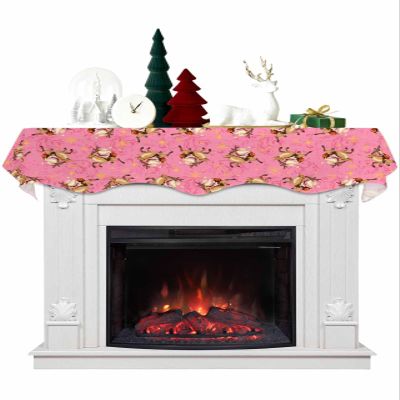 Christmas Pink Fireplace Mantel Scarf Cover, Santa Claus Reindeer Golden Snowflakes Mantel Shelf Top Scarf Runner for Christmas Halloween Thanksgiving Fall Indoor Decorations 60" L x 17" W