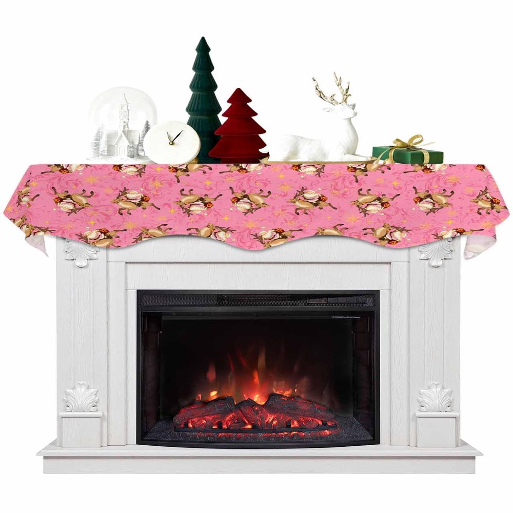 Christmas Pink Fireplace Mantel Scarf Cover, Santa Claus Reindeer Golden Snowflakes Mantel Shelf Top Scarf Runner for Christmas Halloween Thanksgiving Fall Indoor Decorations 60" L x 17" W