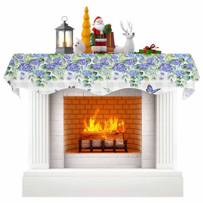 Blue Flower Fireplace Mantel Scarf Cover, Green Eucalyptus Spring Botanical Plant Plaid Mantel Shelf Top Scarf Runner for Christmas Halloween Thanksgiving Fall Indoor Decorations 60"L x 17"W