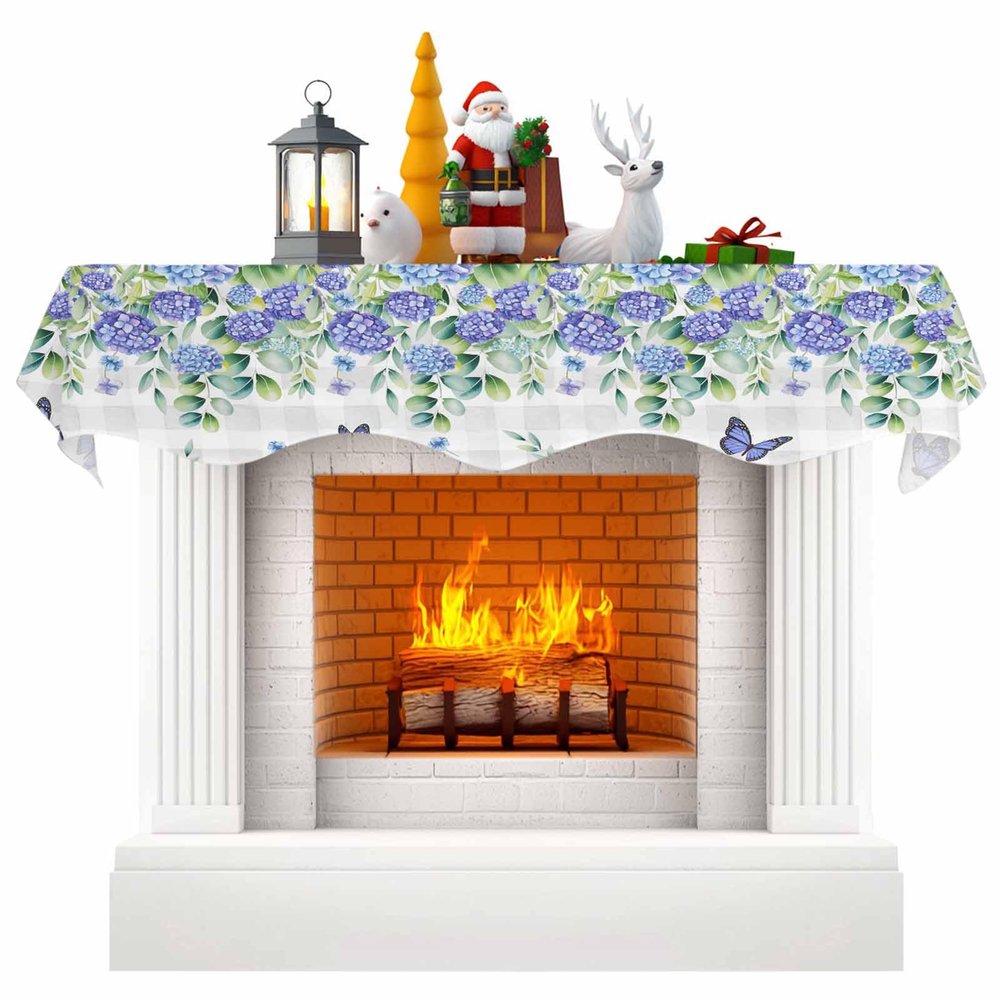 Blue Flower Fireplace Mantel Scarf Cover, Green Eucalyptus Spring Botanical Plant Plaid Mantel Shelf Top Scarf Runner for Christmas Halloween Thanksgiving Fall Indoor Decorations 60"L x 17"W