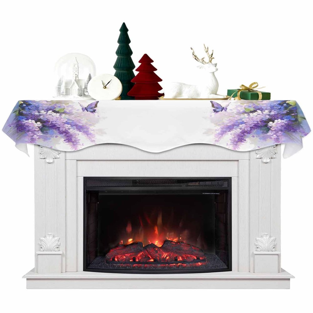 Purple Lavender Butterfly Fireplace Mantel Scarf Cover, Contemporary Pastoral Oil Painting Mantel Shelf Top Scarf Runner for Christmas Halloween Thanksgiving Fall Indoor Decorations 70" L x 17" W