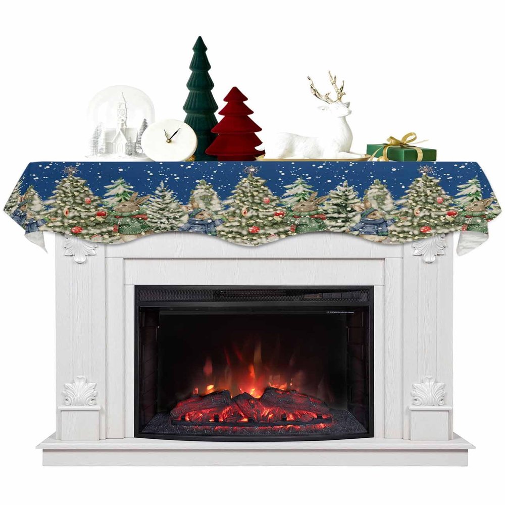 Christmas Blue Fireplace Mantel Scarf Cover, Rustic Snowflake Winter Pine Tree Rabbit Mantel Shelf Top Scarf Runner for Christmas Halloween Thanksgiving Fall Indoor Decorations 60" L x 17" W