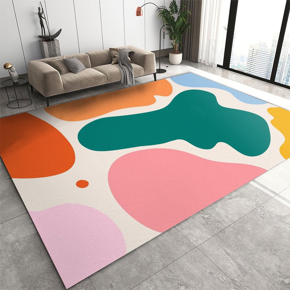 2x3 Fashion Mid-Century Geometric Area Rug for Living Room, Green Orange Pastel Blue Yellow Rug, Non-Slip Foldable Rubber Backed Washable Mat for Bedroom Entryway Hallway Porch Classroom