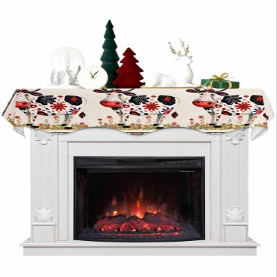 Fall Funny Cow Fireplace Mantel Scarf Cover, Farm Animal Flower Leaves Lattice Mantel Shelf Top Scarf Runner for Christmas Halloween Thanksgiving Fall Indoor Decorations 70" L x 17" W