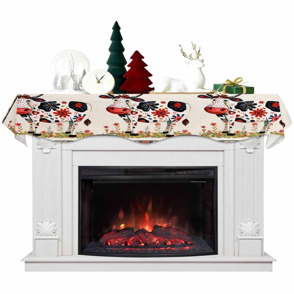 Fall Funny Cow Fireplace Mantel Scarf Cover, Farm Animal Flower Leaves Lattice Mantel Shelf Top Scarf Runner for Christmas Halloween Thanksgiving Fall Indoor Decorations 70" L x 17" W
