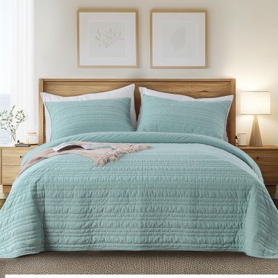KASENTEX Luxury Velvet Quilt Set,Oversize Queen 102"x106",Soft Bedspread Coverlet with 2 Pillow Shams, Lightweight Bed Blanket, Line Stitch Geometric, Machine Wash,Summer Bedding Set,Lake Blue