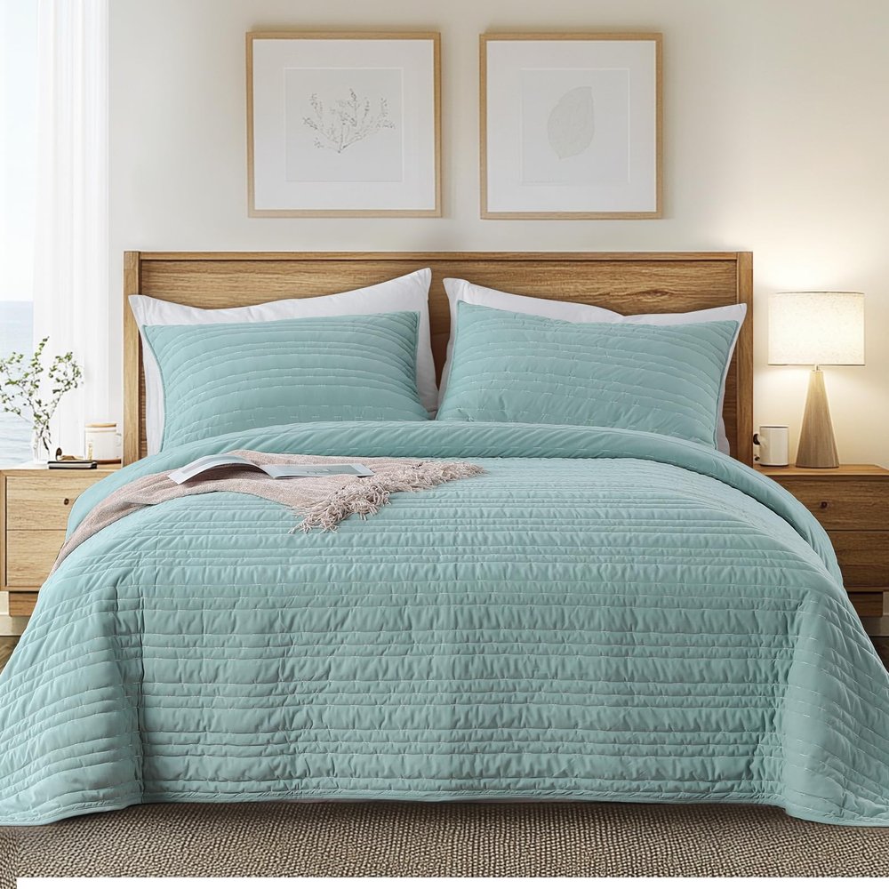 KASENTEX Luxury Velvet Quilt Set,Oversize Queen 102"x106",Soft Bedspread Coverlet with 2 Pillow Shams, Lightweight Bed Blanket, Line Stitch Geometric, Machine Wash,Summer Bedding Set,Lake Blue