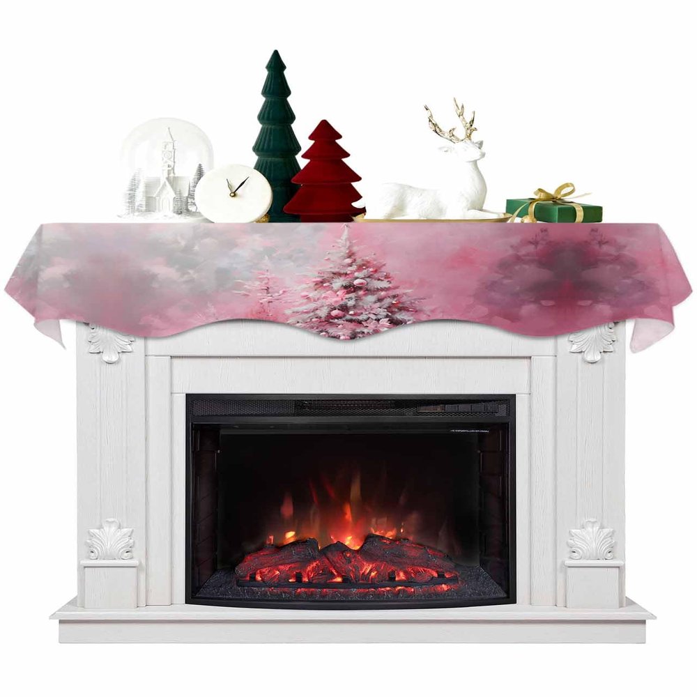 Christmas Tree Pink Fireplace Mantel Scarf Cover, Abstract Contemporary Painting Mantel Shelf Top Scarf Runner for Christmas Halloween Thanksgiving Fall Indoor Decorations 70" L x 17" W