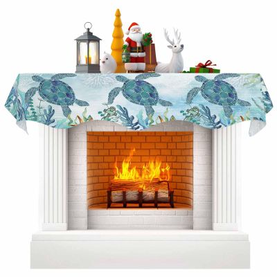 Nautical Coastal Turtle Fireplace Mantel Scarf Cover, Starfish Coral Vintage Turquoise Mantel Shelf Top Scarf Runner for Christmas Halloween Thanksgiving Fall Indoor Decorations 70"L x 17"W