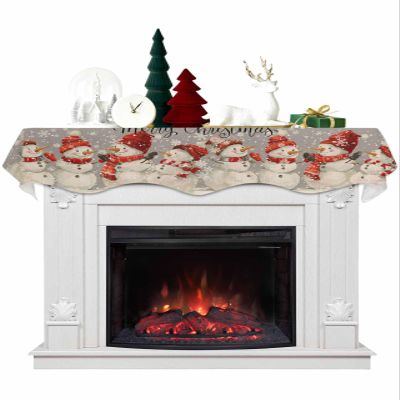 Christmas Grey Fireplace Mantel Scarf Cover, Snowman Snowflake White Retro Watercolor Mantel Shelf Top Scarf Runner for Christmas Halloween Thanksgiving Fall Indoor Decorations 90" L x 17" W