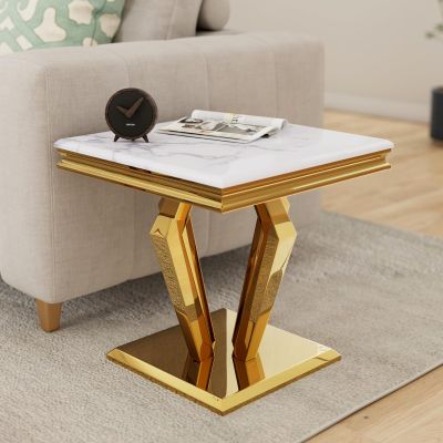 ACEDCOR Gold End Table, 22" Square Living Room End Table, Luxury Side Table with Polished Geometric Base for Home, Office