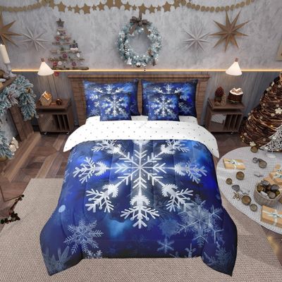 7 Pieces Blue Snowflake Comforter Set for Kids Geometric Snowflakes Bedding Set Queen Size,Xmas Theme Comforter for Boys Girls Adult Winter Snow Super Soft Fade Resistant Microfiber Bedding