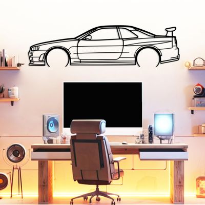 DecoSoul GTR R34 Model Car Silhouette Metal Wall Art, Sports Car, Automotive Silhouette Line Decoration, Minimalist Sculpture for Garage, Man Cave, Indoor Outdoor Wall Hanging, (Black - 15 x 3.3 inch)