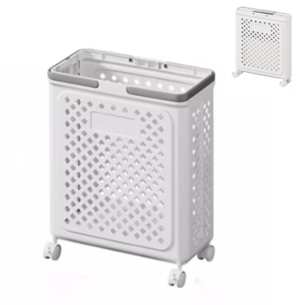 Rolling Laundry Basket, Slim Foldable Laundry Hamper With Wheels Large Capacity Mesh Dirty Clothes Basket With 2 Handles Easy To Move & Save Space(White,36 * 19 * 47cm)