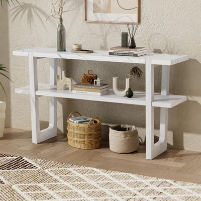 54" L Console Table with Open Shelf, Retro Elegant Console Table Sofa Table with Marble-Effect Top and Versatile Storage, Buffet Sideboard for Entryway and Living Room (Antique White,10)